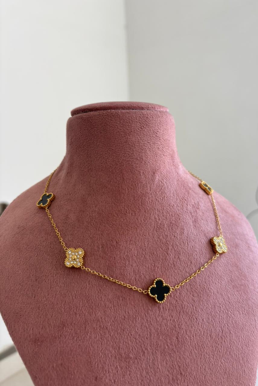 Onyx & Crystal Quatrefoil Station Necklace