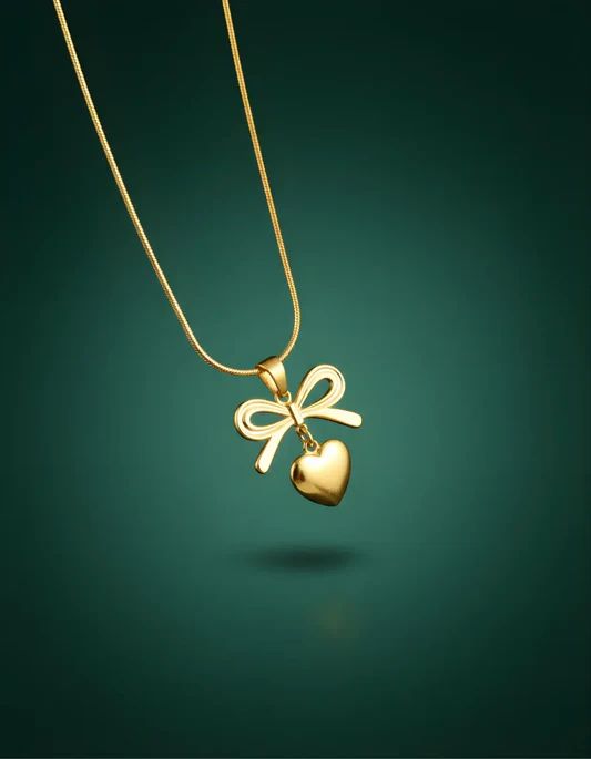 Golden Bow & Heart Charm Necklace
