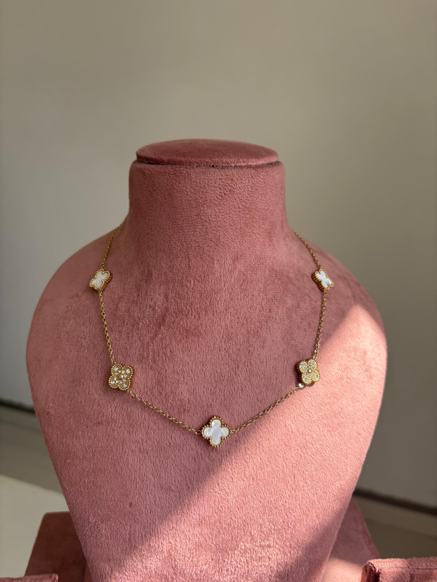 Pearl & Crystal Clover Station Necklace