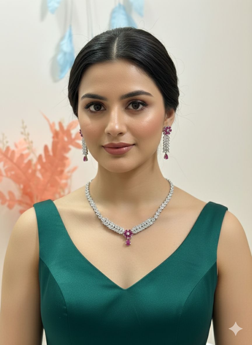 Ruby Floral Diamond Necklace Set