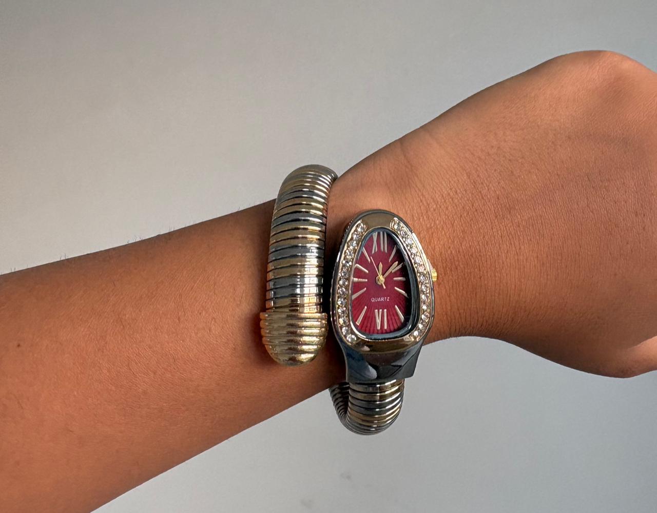 Ruby Dial Designer Cuff Watch Bracelet