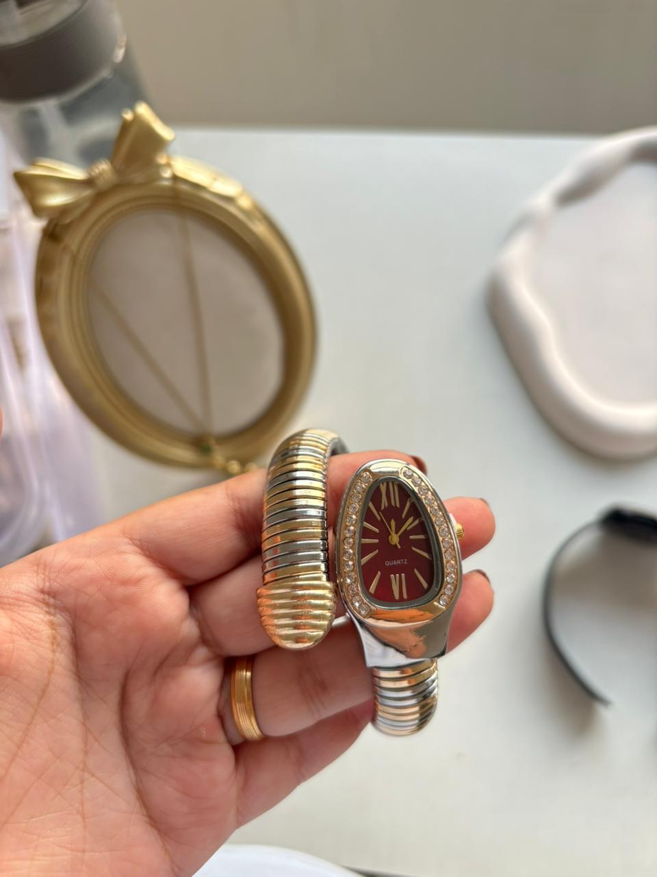 Ruby Dial Designer Cuff Watch Bracelet