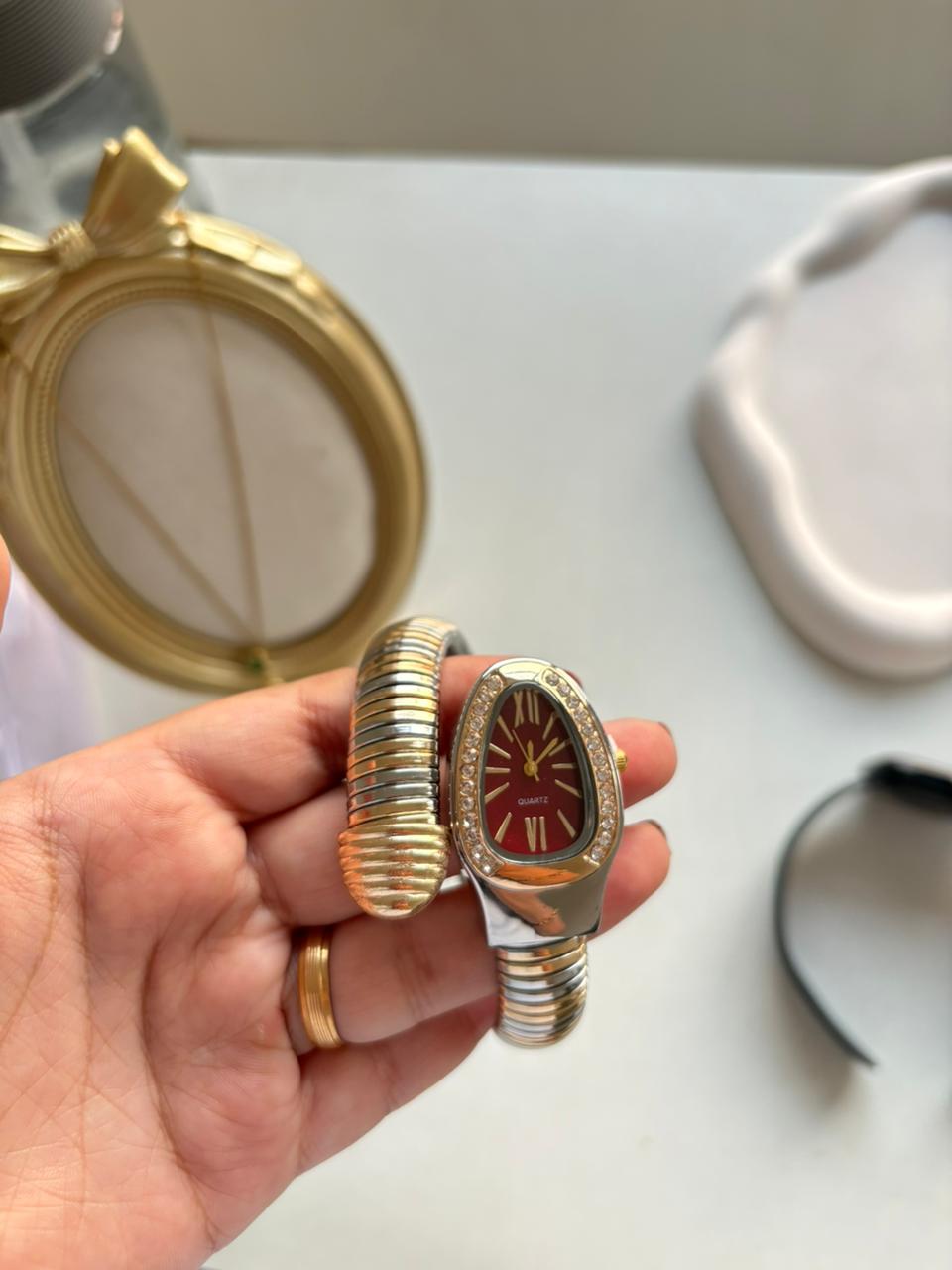 Ruby Dial Designer Cuff Watch Bracelet