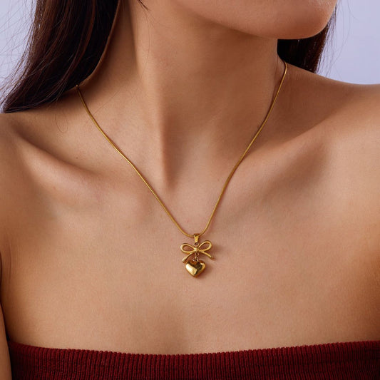 Golden Bow & Heart Charm Necklace