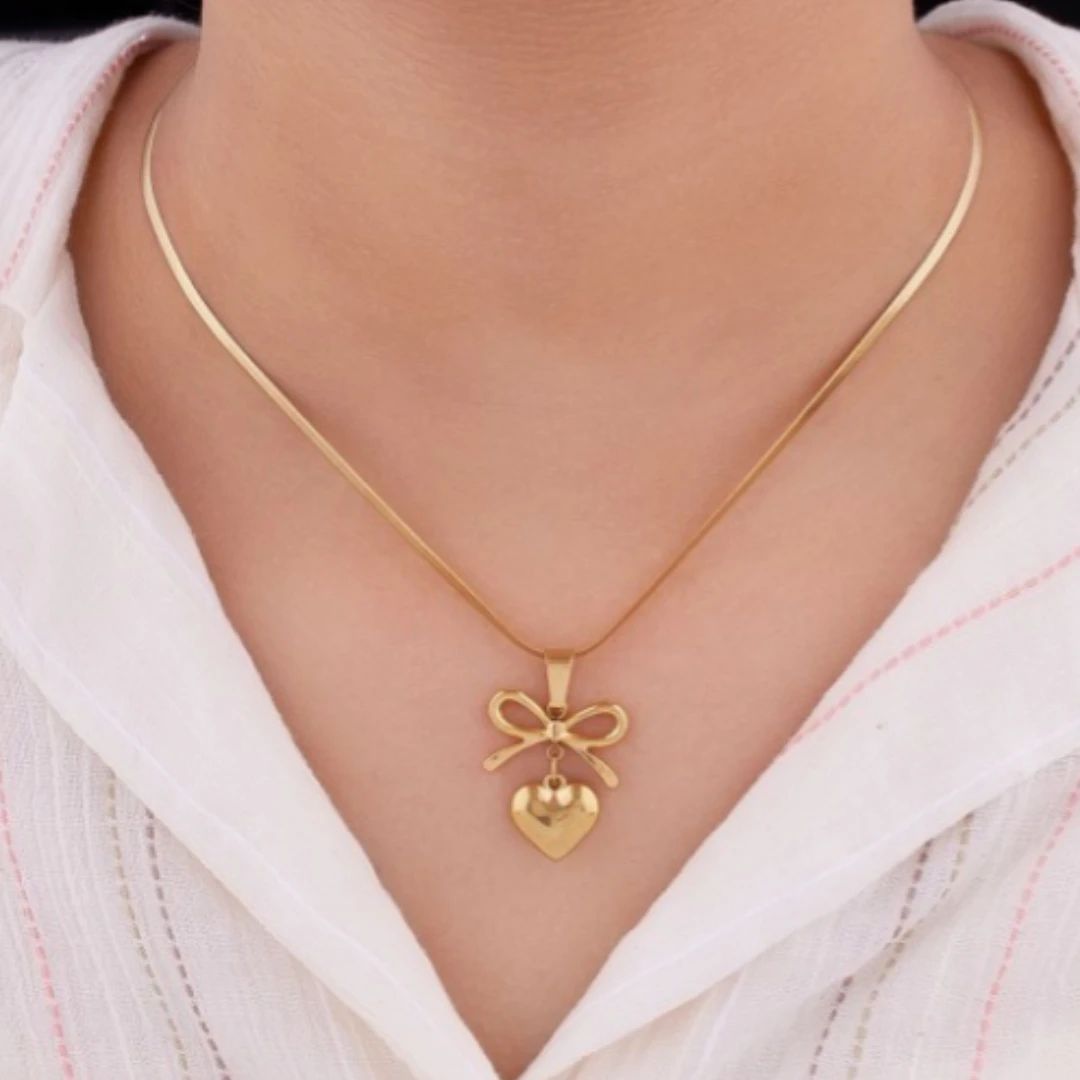 Golden Bow & Heart Charm Necklace