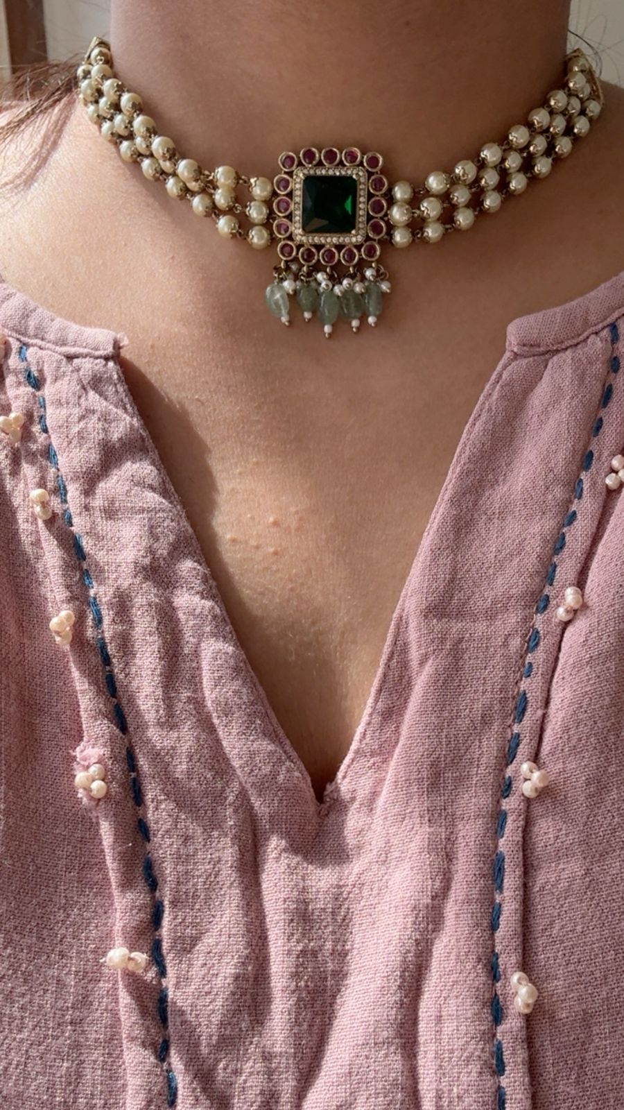 Emerald Rajwadi Pearl Choker Set