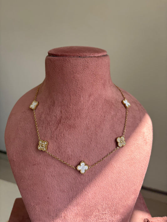 Pearl & Crystal Clover Station Necklace